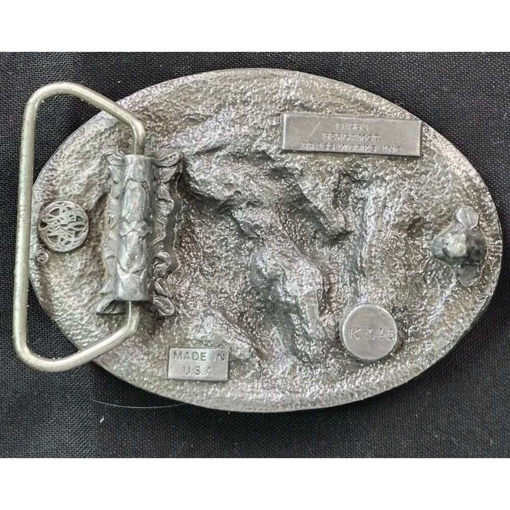 Vintage Bergamot Brass Works Equestrian Belt Buckle Pewter Green Enamel Horses